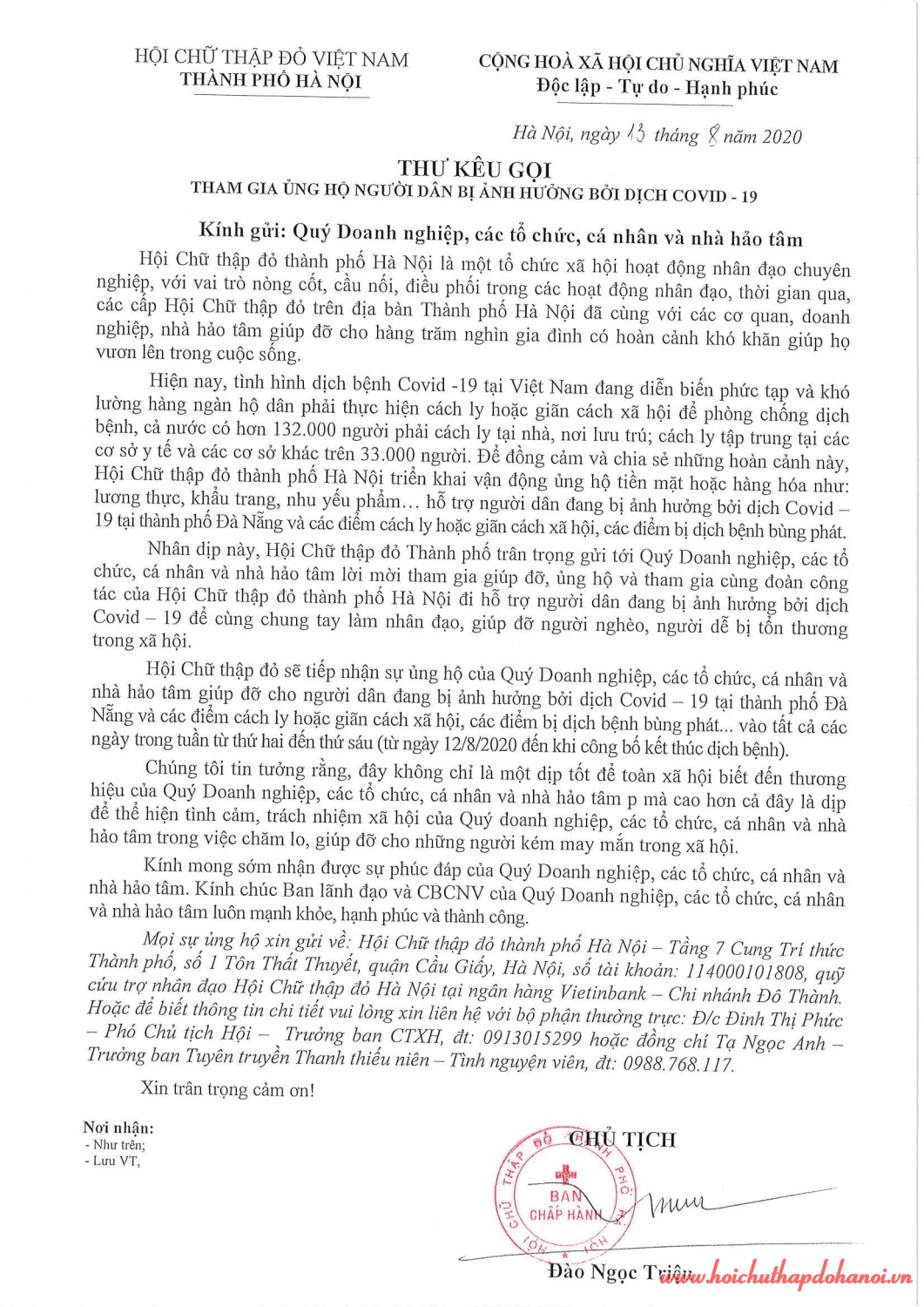 Thư Kêu gọi Covid 13 8 20 1