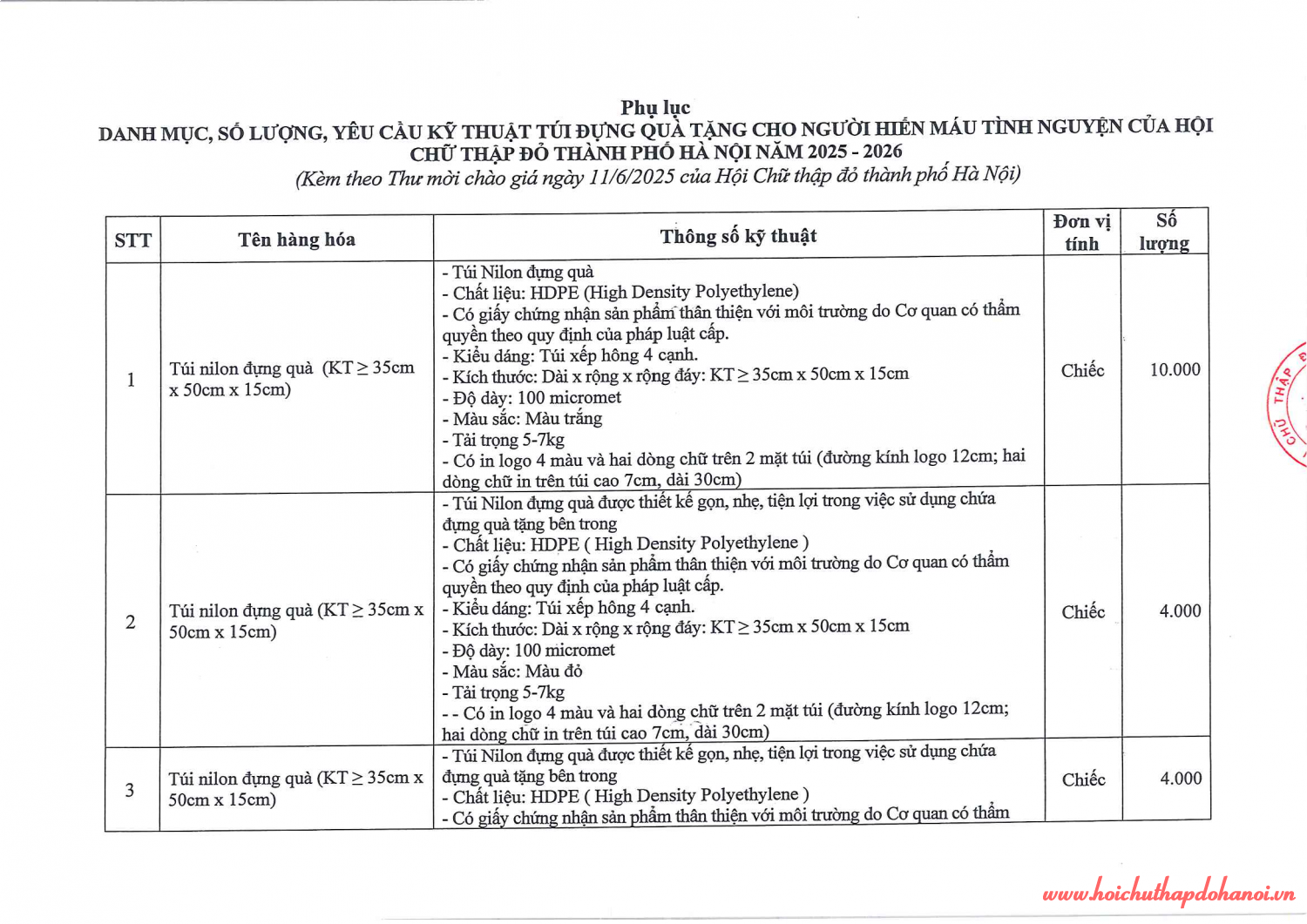Thư mời chào giá (Túi đựng quà tặng cho người HMTN của Hội CTĐ TP Hà Nội) 0002